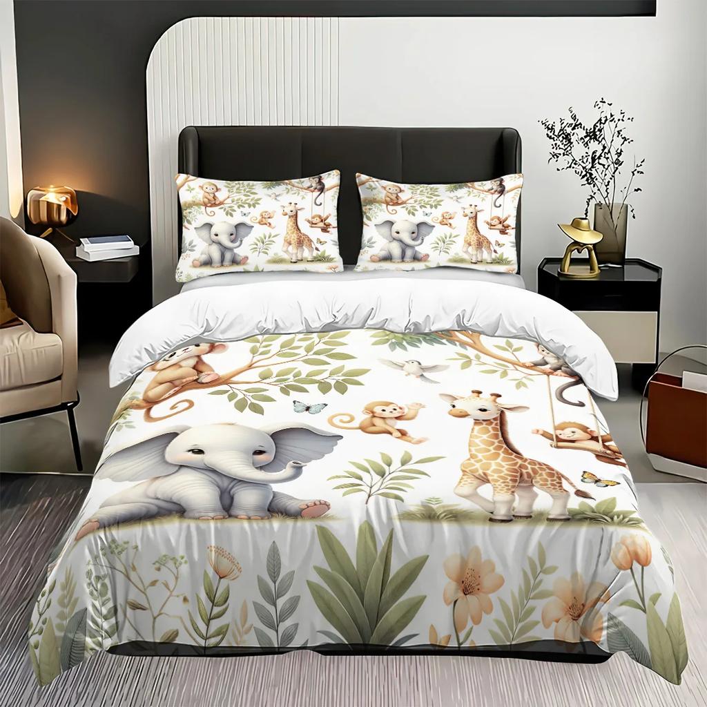 3pcs Duvet Cover Set King Size,Cartoon Zoo Pattern Print, 1 * Duvet Cover+2 pillowcases-Bedding Set for Bedroom,Hotel