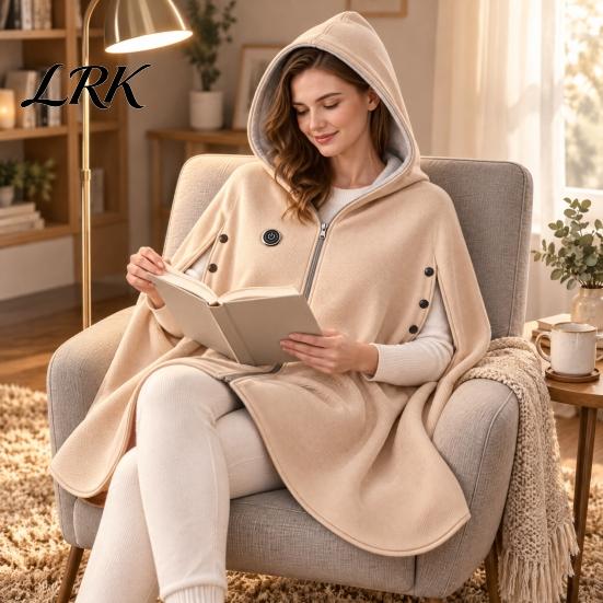 Beheizte Loungewear für Zuhause USB-Schal-Decke mit Kapuze, 3-stufig verstellbarer warmer Poncho, Tragbare Thermowickel für Damen, Reißverschluss vorne, Fleece, Büro