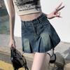 Damen Minirock mit hohem Bund, Falten, A-Linie, Vintage gewaschener Denim, Anti-Scheuer-Effekt, Lässiger Sommerrock