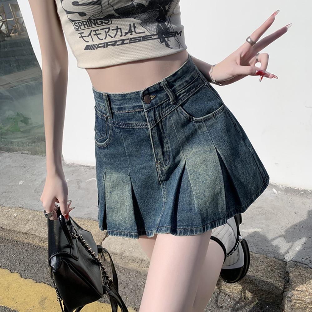 Damen Minirock mit hohem Bund, Falten, A-Linie, Vintage gewaschener Denim, Anti-Scheuer-Effekt, Lässiger Sommerrock