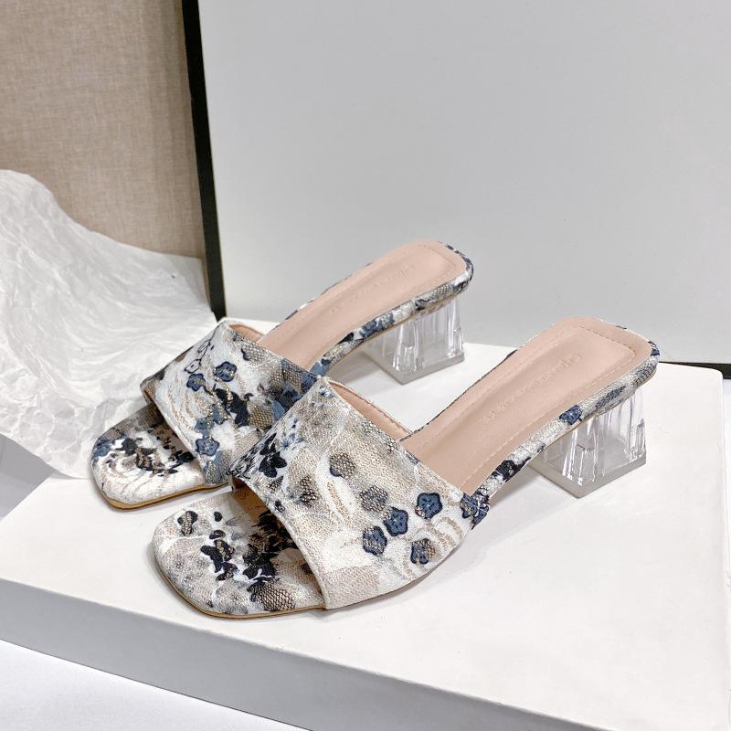 Fish Mouth High-heeled Slippers 2025 Summer New Thick-soled Cool Slippers Women's One-word Drag Large-size Women's Shoes