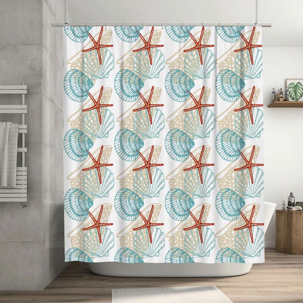 Bath Decor Shower Curtain with Blue Seashells Red Stars Waterproof Fabric Easy Install Perfect Gift for any Occasion (Customize