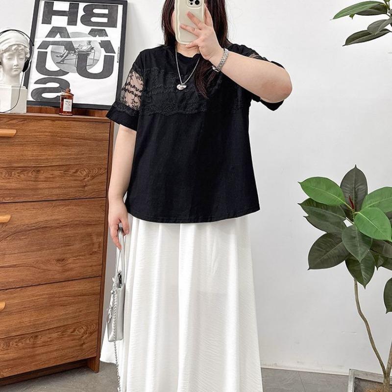 

Large Size Short-sleeved Women s New Summer Style Style Lace Splicing Versatile Hollow Top L чёрный