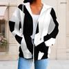 Women Plus Size Black White Geometric Printed Zip Up Hoodie Long Sleeve Drawstring Hood With Pockets