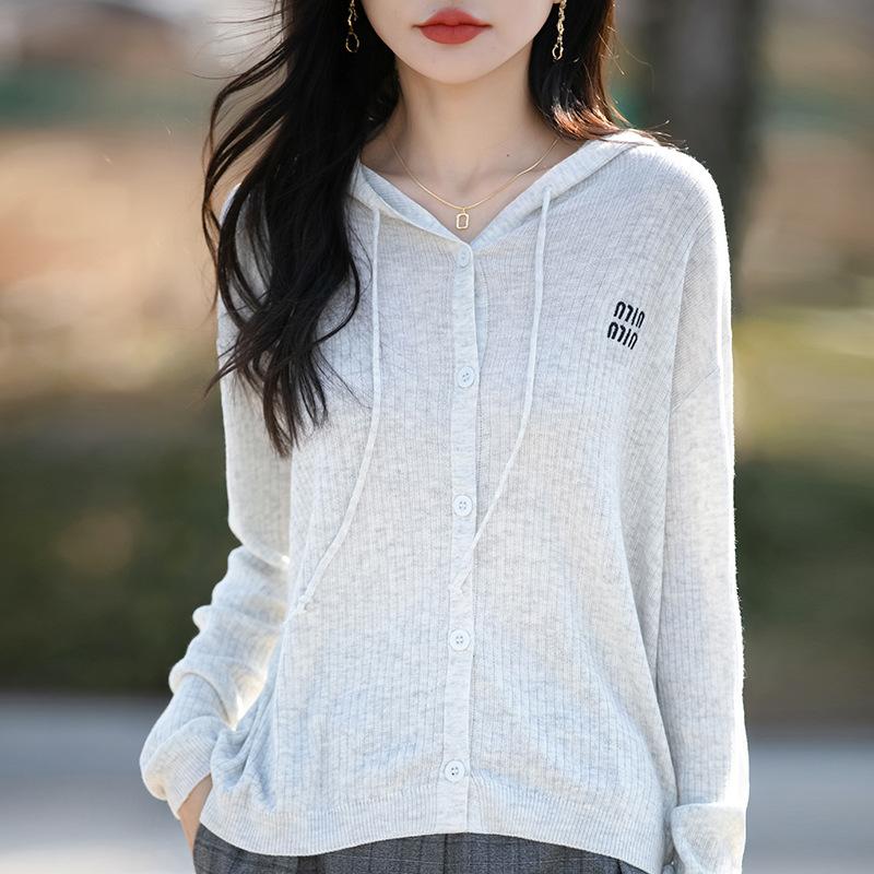 Spring New Hooded Knitted Cardigan with Embroidered Letters, Loose and Versatile Top Jacket for Women
