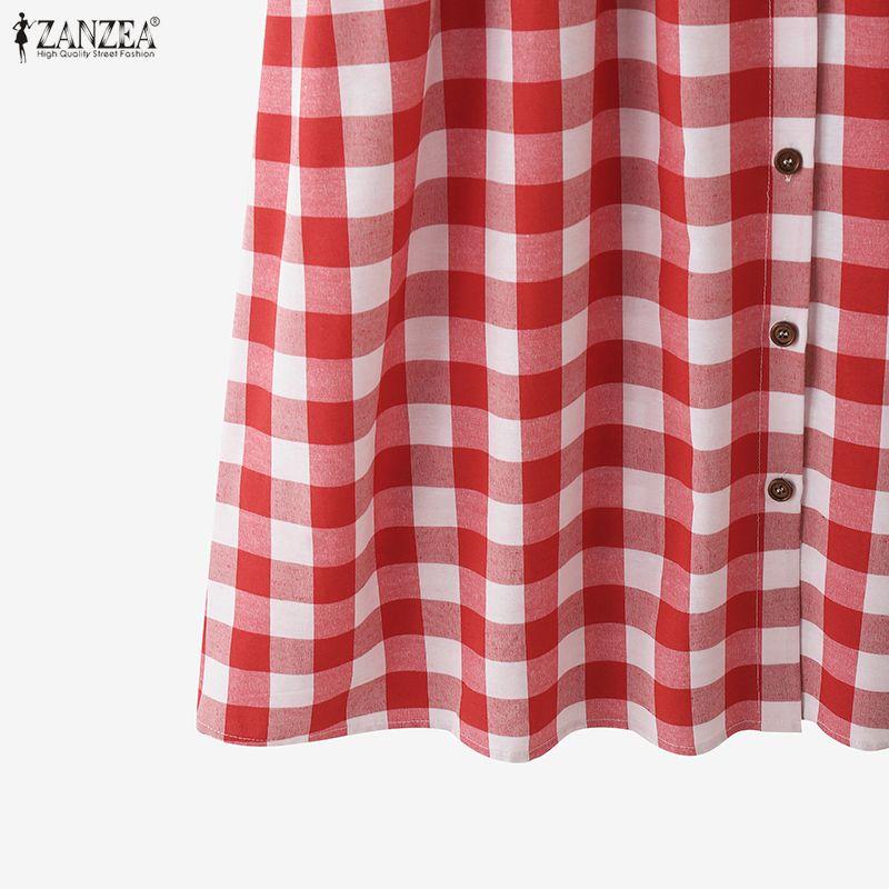 ZANZEA Women Grid Print Loose Casual Sleeveless Dress