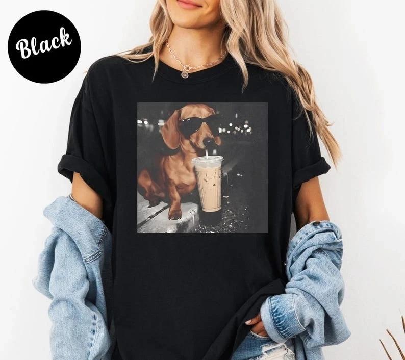 Dachshund Drinking Iced Coffee Meme Shirt Funny Dog Graphic Tee Gift