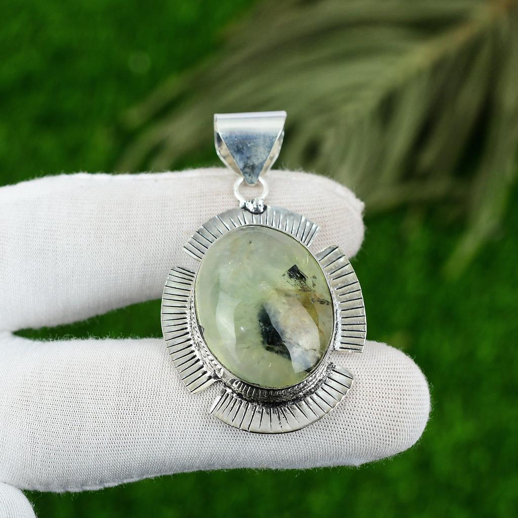 Oval Prehnite Stone 925 Sterling Silver Unique Ethnic Trendy Bezel Wife Pendant