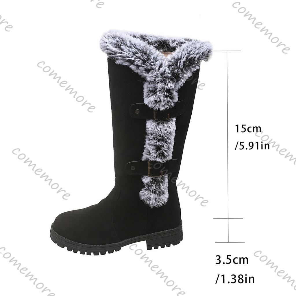 Comemore Winter Shoes for Women Velvet Thickened Snow Boots Thick Heel Round Toe Casual Belt Buckle Furry Mid-calf Boots Females