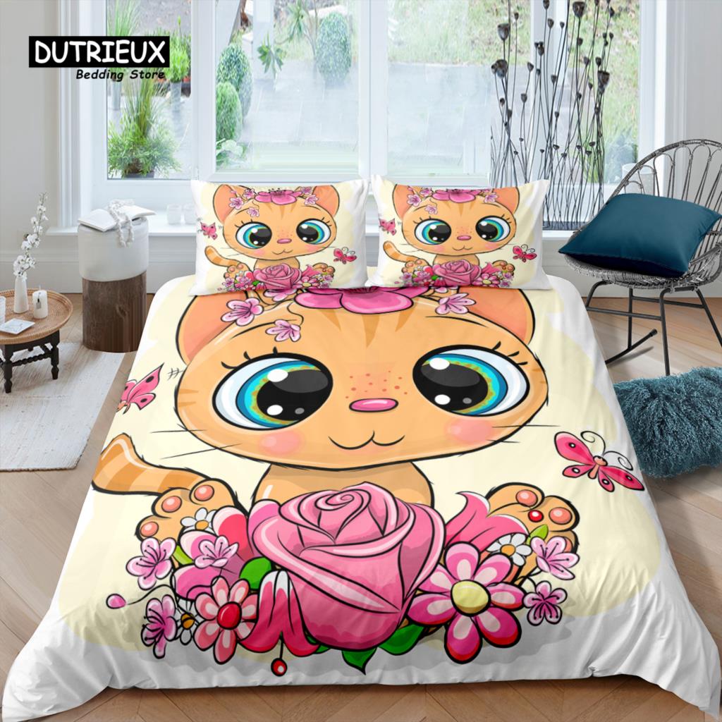 Home Living Luxury 3D Cartoon Cat Bedding Set Animal Duvet Cover Pillowcase Queen and King EU/US/AU/UK Size Comforter Bedding