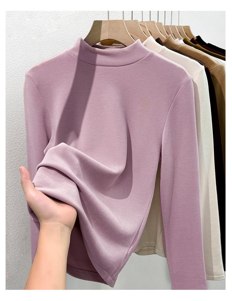Women's Lyocell Tencel Round Neck Base Layer, Thickened Velvet Wool-Silk Long Sleeve Top for Autumn/Winter