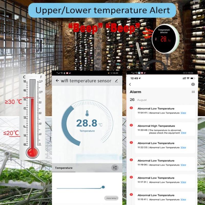 Small Temperature Monitor Featuring Waterproof Probe Rechargeable Temperature Detect for Lab Rooms Data Tracking