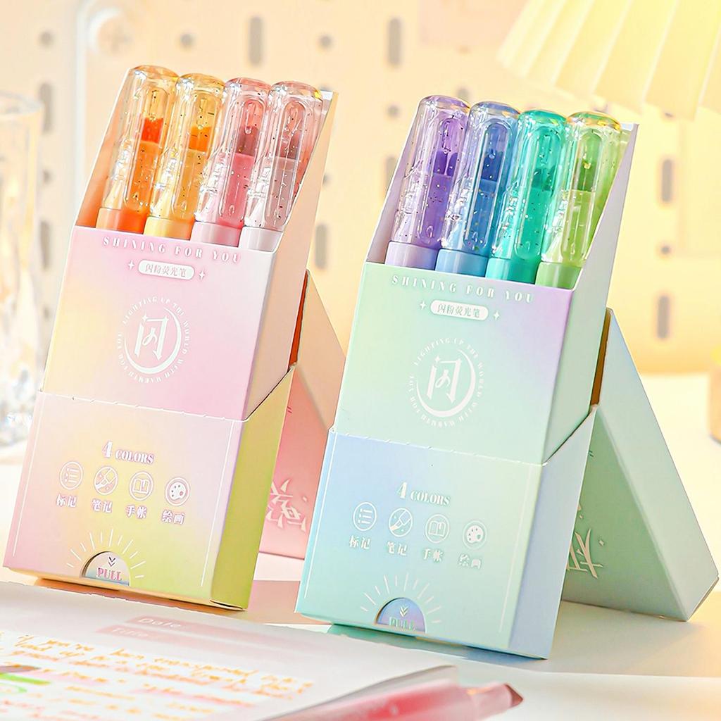 4pcs Sparklin Color Highlighter Pens Set Bling Shining Glitter Magic Art Marker Liner for Drawing Painting School