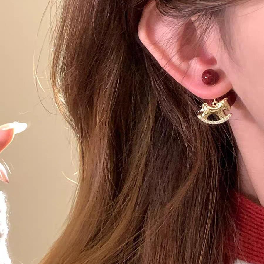 Cute And Playful Pony Red Bead Stud Earrings Women'S Niche Design Sense Earrings Temperament Versatile Earrings