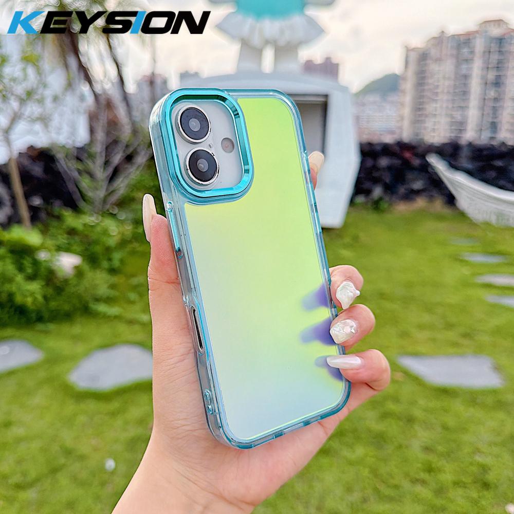 KEYSION Fashion Laser Gradient Colorful Phone Case for iPhone 16 Pro Max Soft TPU+PC Shockproof Back Cover for iPhone 16 Plus