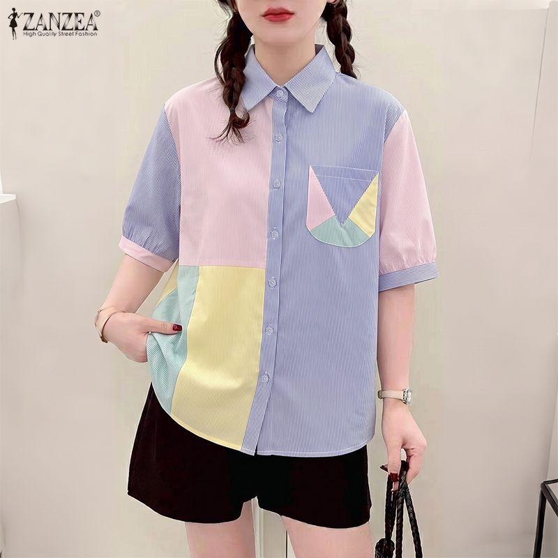 ZANZEA Womens Turn Down Collar Short Sleeve Patchwork Stripe Blouse