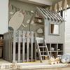 Letto a Casa per Bambini 90x200, con Tetto e Finestra, con Scomparti Aperti, con Scala a Pioli, Letto a Castello per Bambini in Legno Massello senza Materasso, Grigio