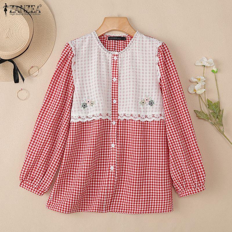 ZANZEA Women Casual Patchwork Round Neck Loose Long Sleeve Plaid Blouse