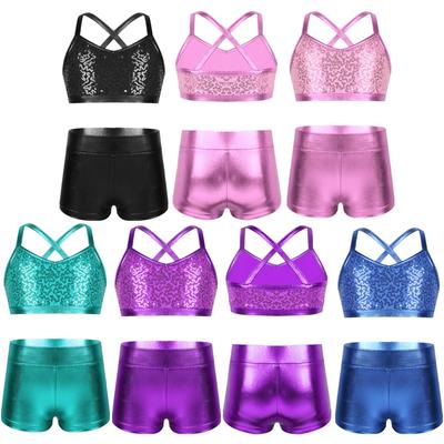 Kids Girls Athletic Shiny Sequins Tank Top with Bottoms Set for Ballet Dance Gymnastics Clothing Set