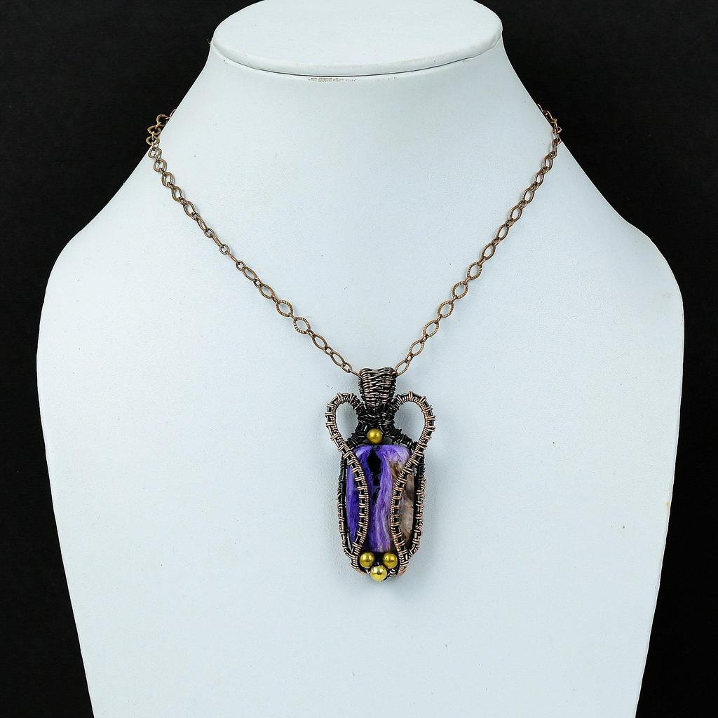 Charoite Gemstone Pure Copper Wire Wrapped Handmade Pendant Jewelry For Her