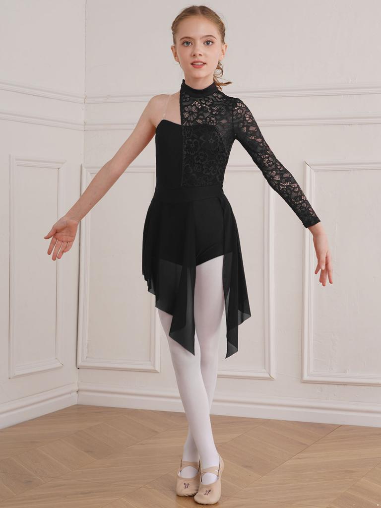 Child Girls Lyrical Dance Dress Ballroom Dancing Costumes Gymnastics Leotard with Asymmetrical Skirt for Figure Skating Dance Wear