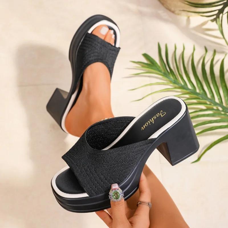 2025 Summer Women's Open-Toe Thick Platform Flip Flops New Outdoor Chunky Heel Slide Slip Minimalist High Heels Zapatos