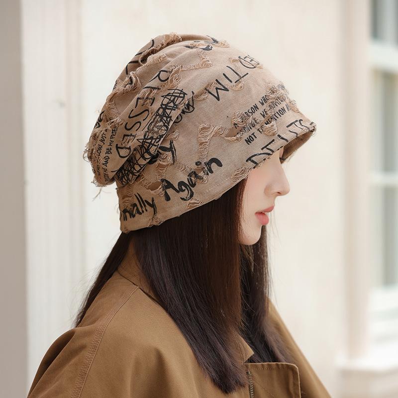 Versatile Autumn and Winter Casual Bag Head Hat Big Head Circumference Showing Face Small Pile of Hat Outdoor Letter Pullover Hat