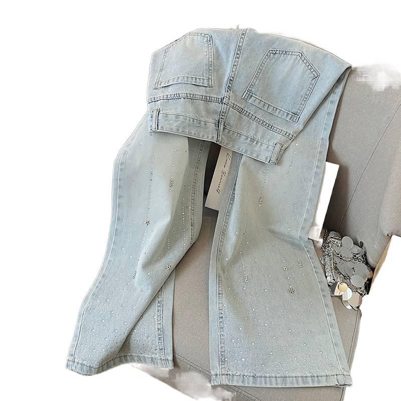 Women's High-Waist Light Blue Denim Pants with Shiny Detailing – Slimming Straight to Wide-Leg Casual Versatile Fit