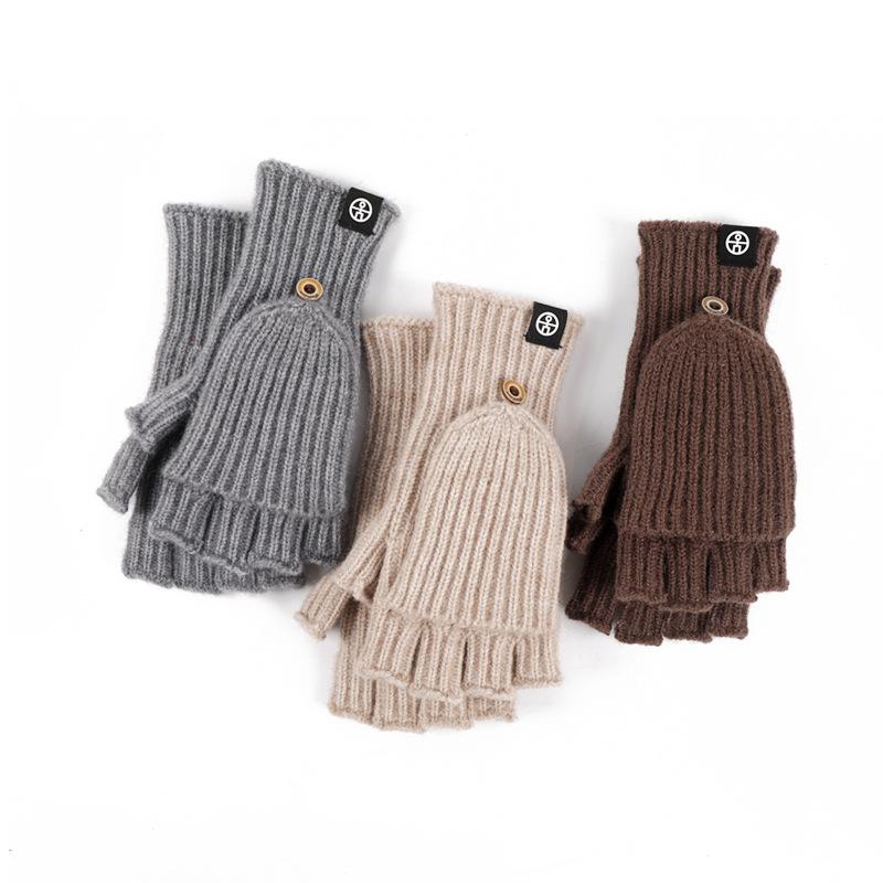 Knitted Flip Gloves for Winter Warmth Half Finger Gloves for Students Writing Thickened Cold proof Yarn Touch Screen Finger Exposed Gloves