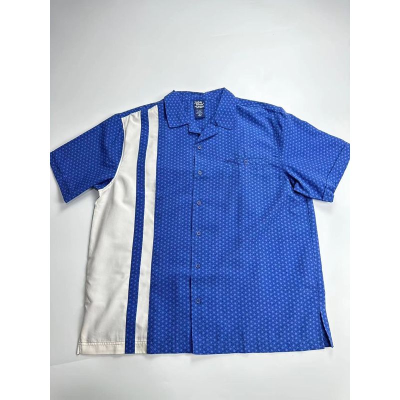 

Европейская и американская мужская летняя тонкая рубашка с коротким рукавом и кубинским воротником, свободная, большого размера, повседневная, в стиле ретро, с цветными блоками, с рукавом до локтя Blue 2XL