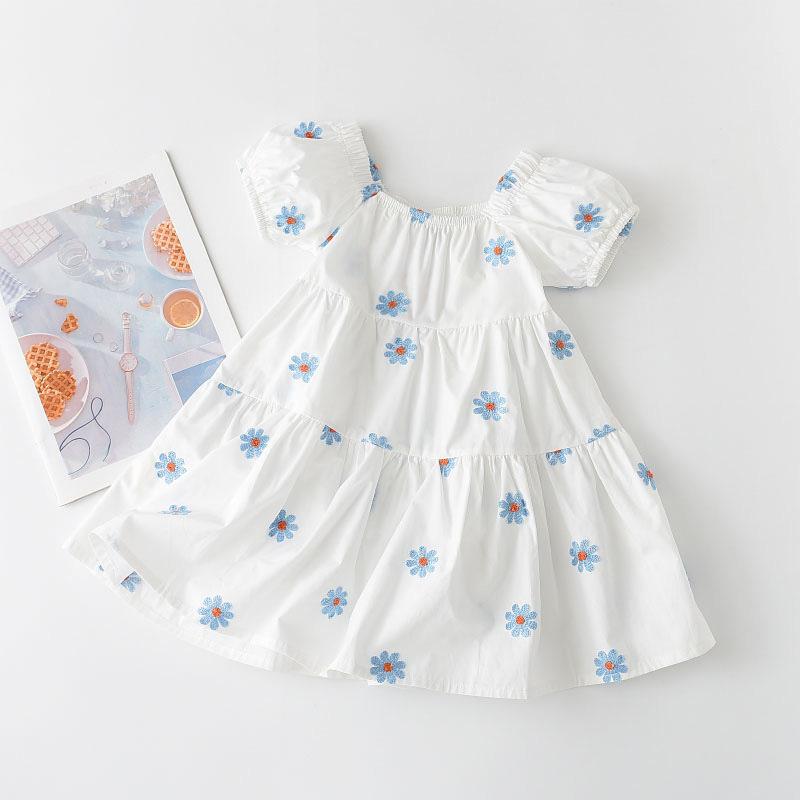 Dívčí šaty Japonské a Korejské Nové Letní Bílá Sukně s Potiskem Daisies pro Děti a Středně Staré Děti Rukávy s Volánky Bavlněná A-Liniová Sukně