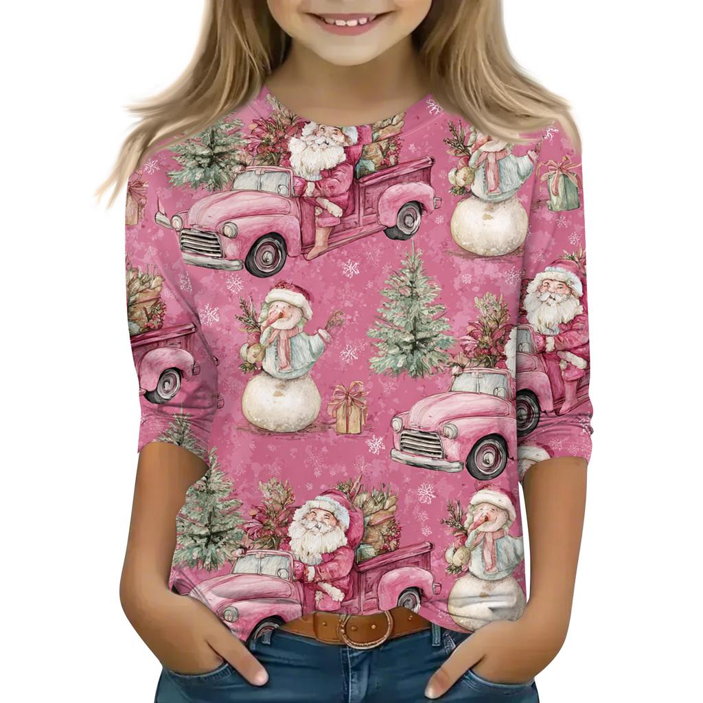 Vánoční potisk Topů pro dospívající dívky 4-11 let Kulatý výstřih 3/4 rukávy Módní topy Outfit Trička