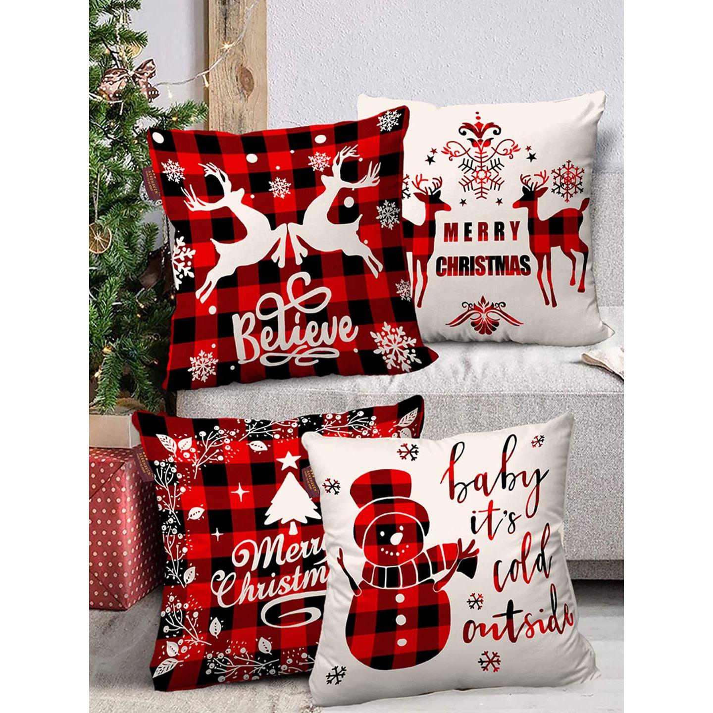 Set of 4 Merry Christmas Decorative Throw PillowCushion Covers - 16 X 16 INCH Red Black 2980₽
