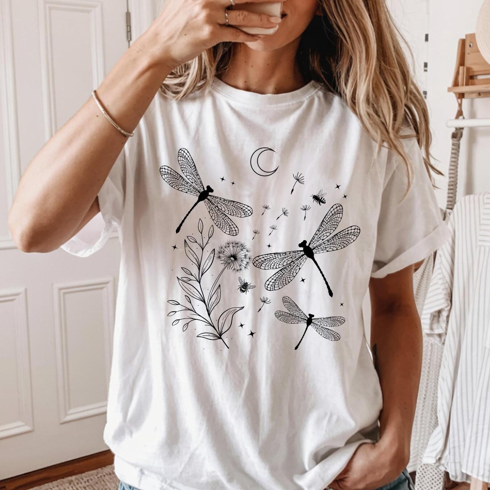 Dragonfly Dandelion Moon Bee T-Shirt, Garment-Dyed Cotton Nature Tee S