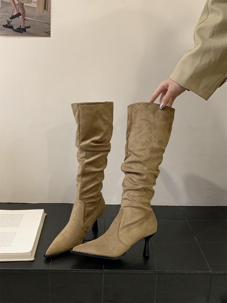 High Heel Pointed Khaki Suede Pile Boots Women's Shoes 2025 Autumn and Winter Single Boots Skinny Long Knight Boots