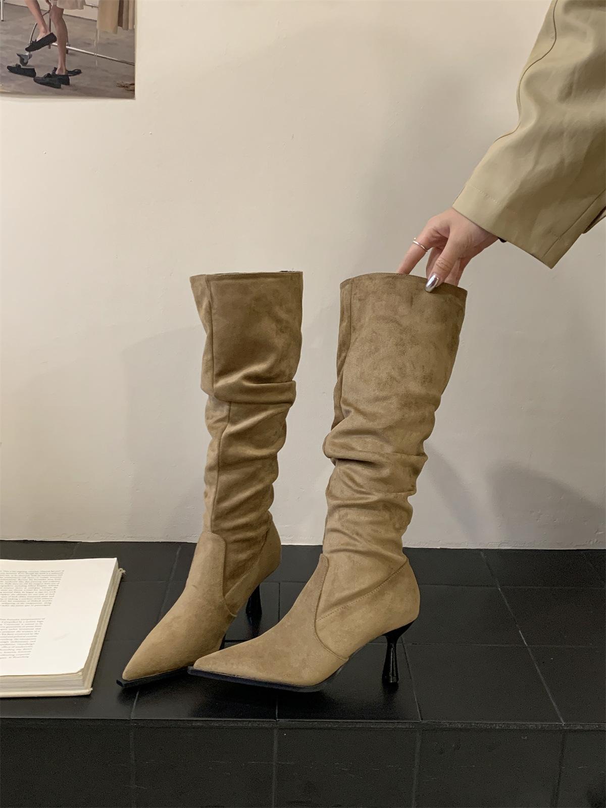 

High Heel Pointed Khaki Suede Pile Boots Women s Shoes 2025 Autumn and Winter Single Boots Skinny Long Knight Boots 39 хакі