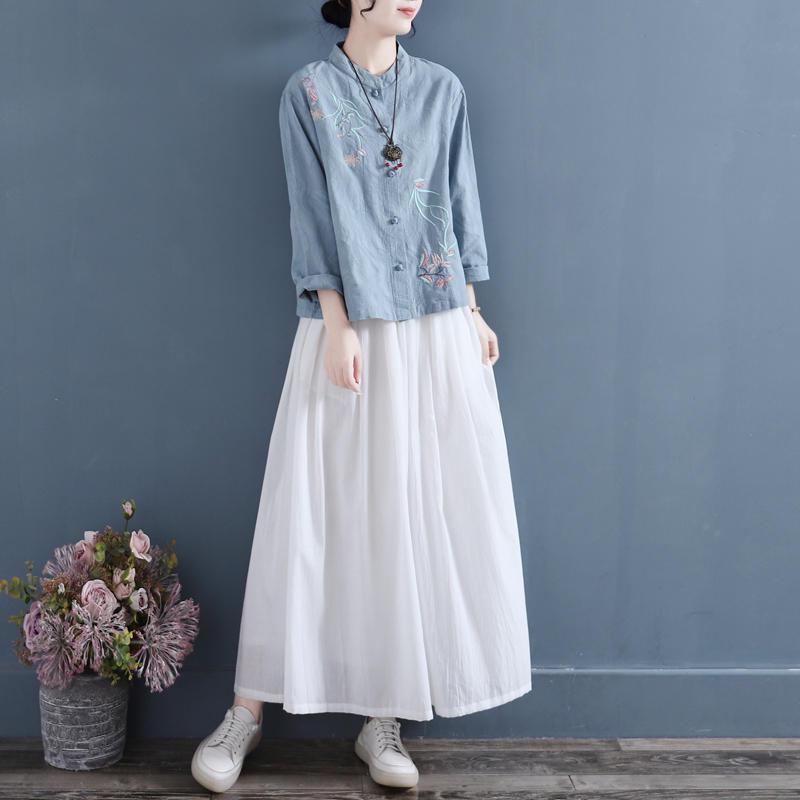 Chemise Vintage Broderie Chinoise Coton Lin Col Montant - Printemps/Automne 2025