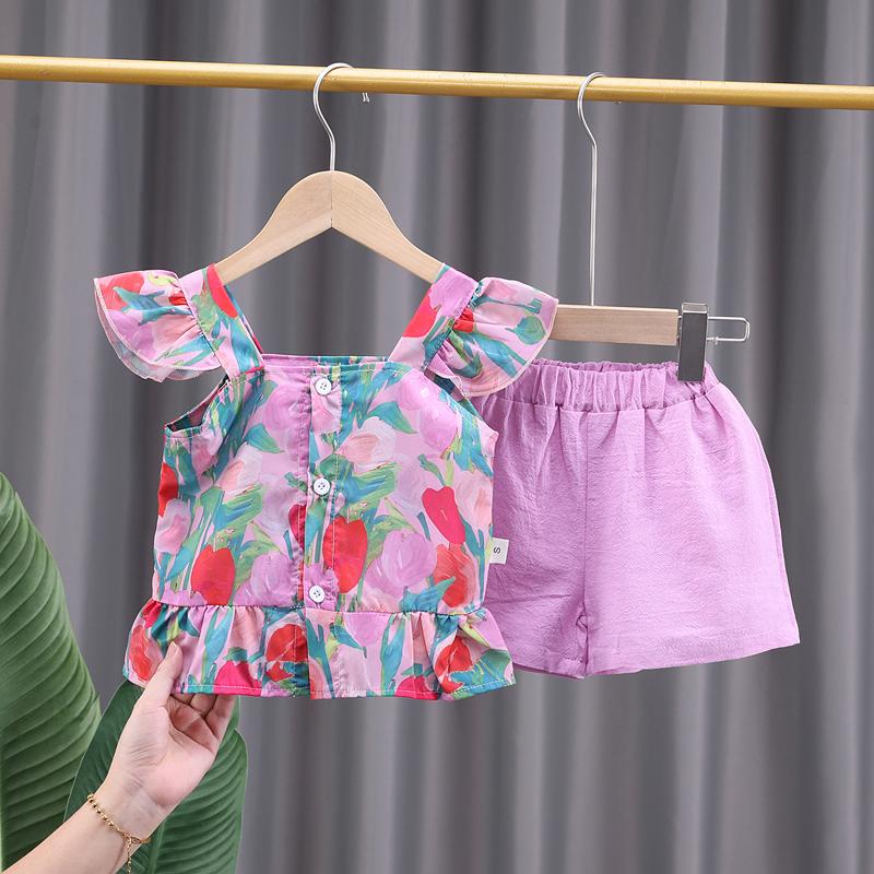 Ensemble deux pièces pour bébés filles - Hauts d'été sans manches à volants et short à fleurs 24M violet