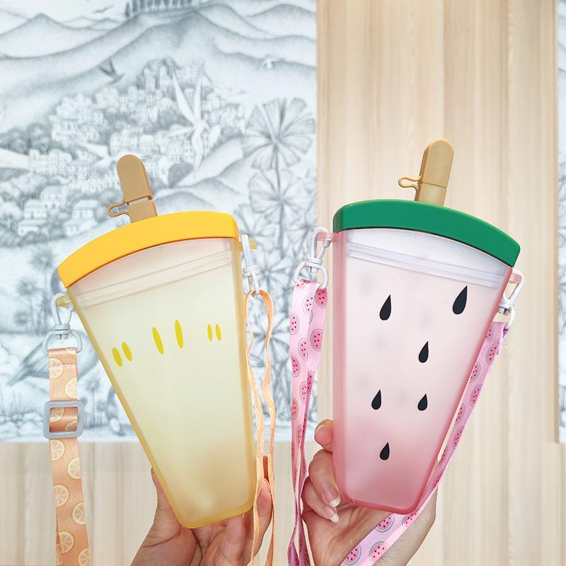 1pcs Watermelon Water Bottle Portable with Adjustable Strap Straw Cup Fashion Design ABS Material Leak Proof for Outdoor Sports