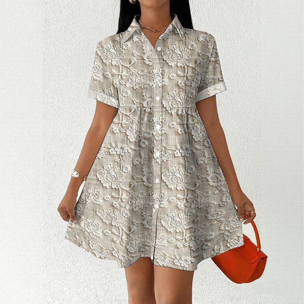 Women's Casual Loose Fit Shirt Dress Button Front Stand Collar Short Sleeve Polka Dot Patterned Dress for Everyday Wear