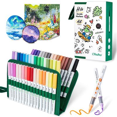 Ohuhu Hilo Series Akrylové fixy štětcové 48 barev Vodou ředitelné S přímým inkoustem Krycí fixy na dřevo, kámen, sklo, plast