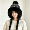 Fur Brim Pompom Braids Hat Striped Knit Earflap Winter Cap Fleece Knit Beanie  Teens
