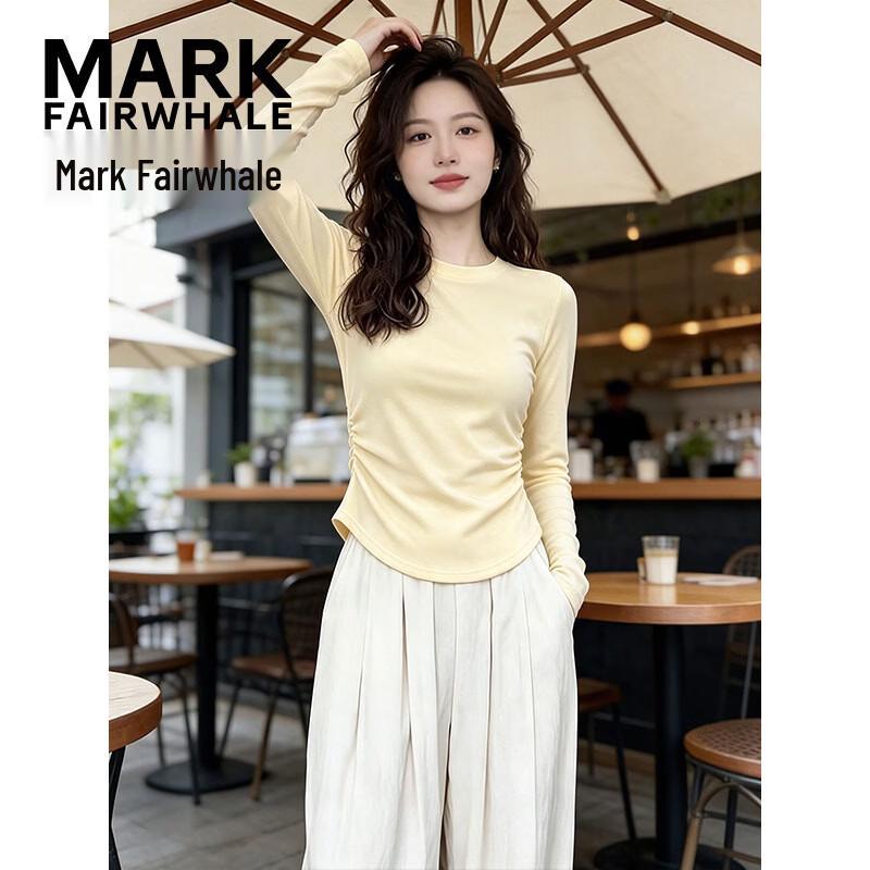 MARK FAIRWHALE Women's Ribbed Long Sleeve Round Neck T-shirt with Side Pleats