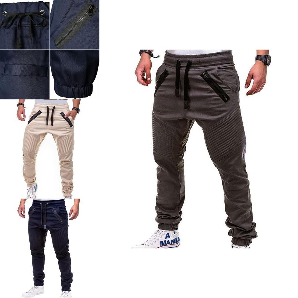 Men's Slim Fit Cuffed Trousers With Adjustable Waist And Multiple Pockets