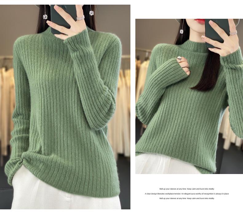 2024 Autumn/Winter Women's Pure Wool Half-High Collar Ribbed Sweater - Slim, Versatile, and Loose-Fitting Knit Top
