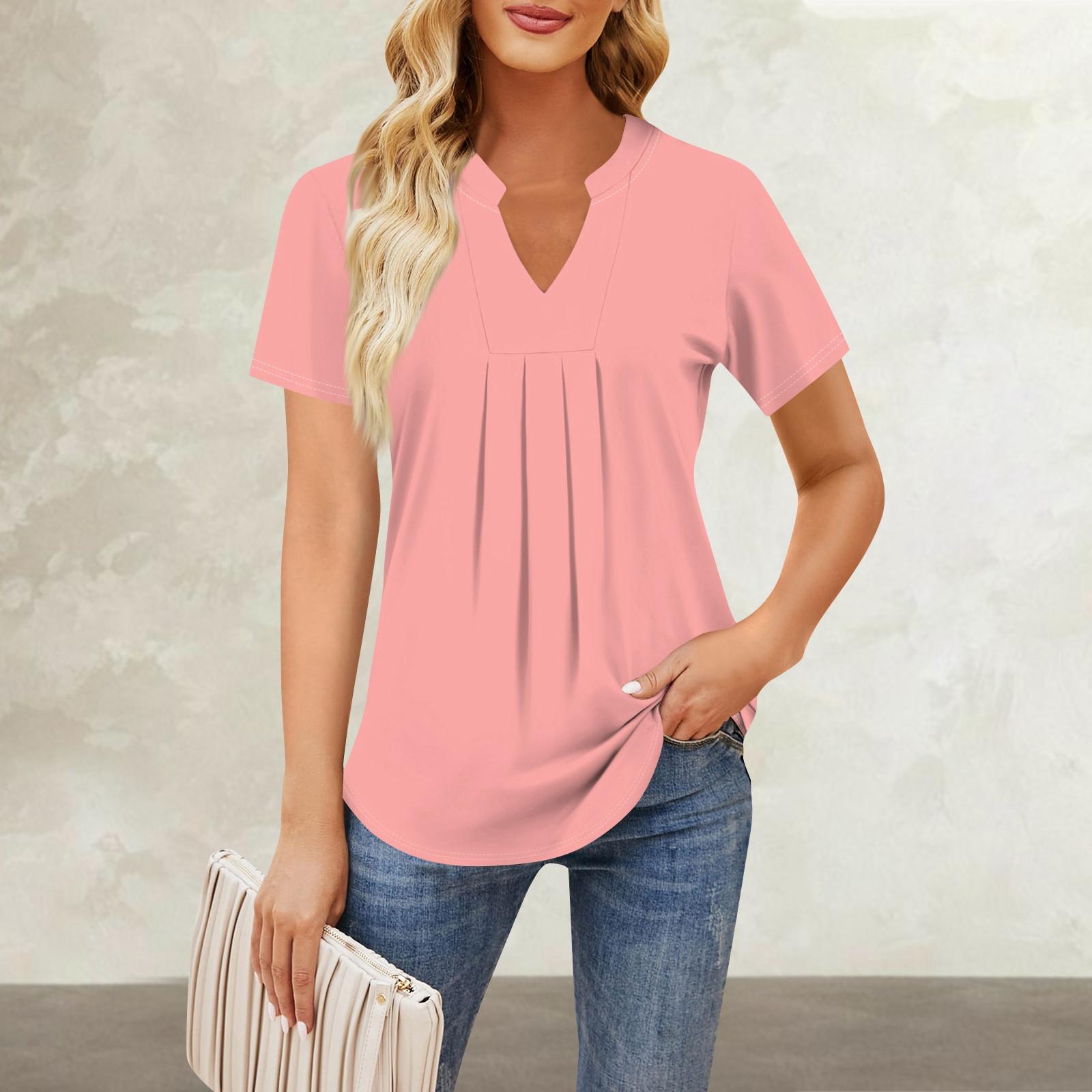 

Женская повседневная свободная футболка с коротким рукавом и v-образным вырезом на груди, плиссированная свободная футболка с принтом, топ M розовый