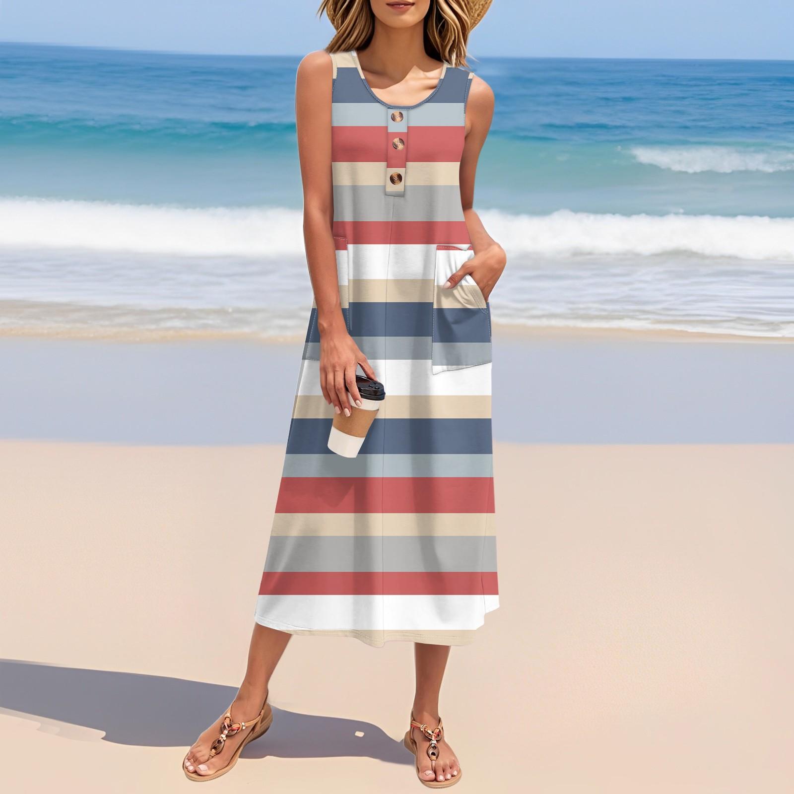 

Женское летнее полосатое платье с принтом без рукавов на пуговицах, повседневный свободный длинный пляжный сарафан XXL