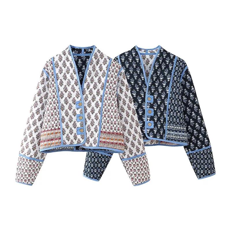 Women Printed Reversible Short Cotton Coat Retro Long Sleeve Single Breasted Padded Jackets Female Casual Warm Outwear