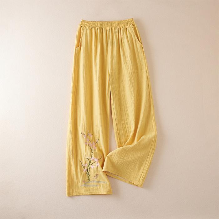 Übergröße Chinesischer Stil Baumwolle und Leinen Hosen Sommer Ethno-Stil Bestickte Freizeithose Retro Weitbein Lockere Hose für Damen