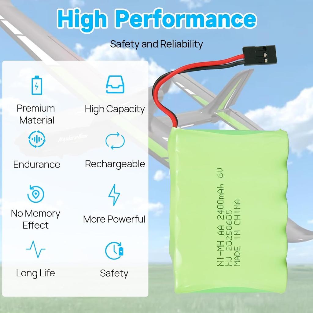 6V 2400mAh NiMH Receiver Battery with Hitec Connector - AA NiMH Rechargeable Battery Pack for RC Helicopters, Model Aircraft